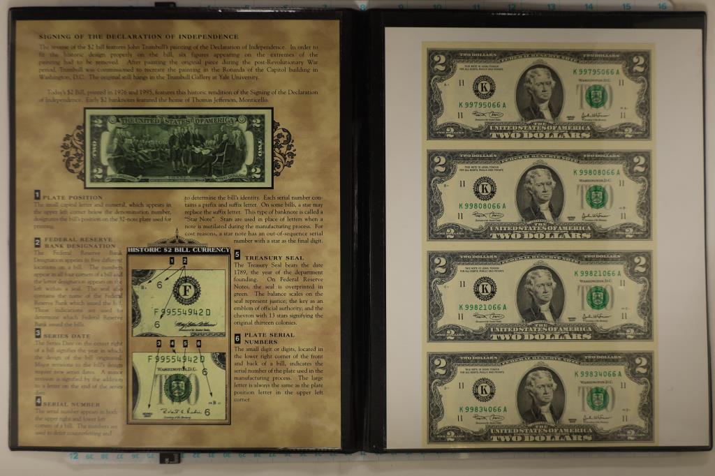 UNCUT SHEET OF 4-2003 US $2 FRN'S CRISP UNC IN: BLACK FOLIO WITH INFO SHEET
