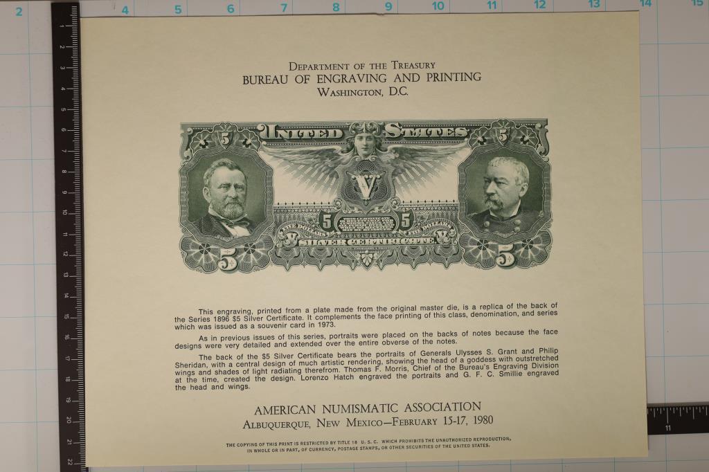 A.N.A.D. 1980 ALBUQUERQUE NEW MEXICO SOUVENIR CARD: FEATURING THE REVERSE OF A 1896 US $5 SILVER CERTIFICATE. PRINTED BY THE BEP.