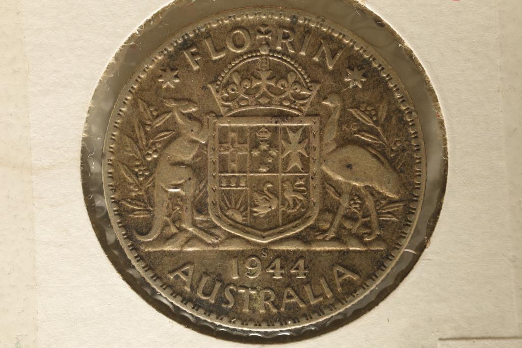 1944-S AUSTRALIA SILVER 1 FLORIN .3364 OZ. ASW: WATCH FOR OUR NEXT AUCTION ON (MONDAY AUGUST 14TH, 2023) AT 7PM EDT. THANKS FOR YOUR BUSINESS.