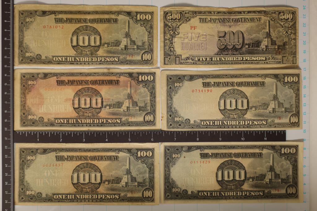 6 JAPANESE PESO INVASION CURRENCY BILLS:1-500 PESO: AND 5-100 PESOS