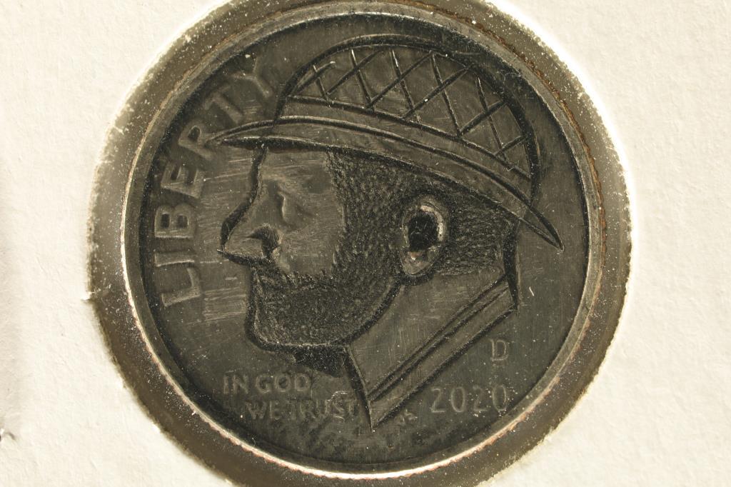 HOBO DIME ON A 2020-D ROOSEVELT DIME BRILLIANT UNC: NEAT PIECE HAND ENGRAVED, USUALLY DO NOT SEE DIMES DONE UP