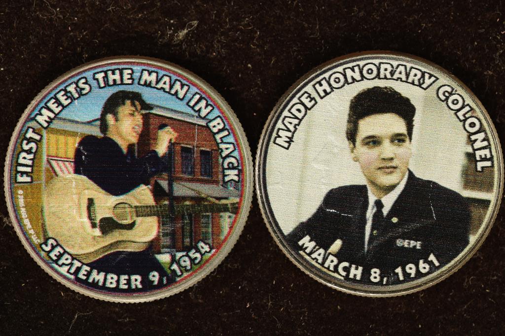 2 ELVIS PRESLEY OVERLAYS OF BU KENNEDY HALVES: MADE HONORARY COLONEL AND "FIRST MEETS THE MAN IN BLACK"