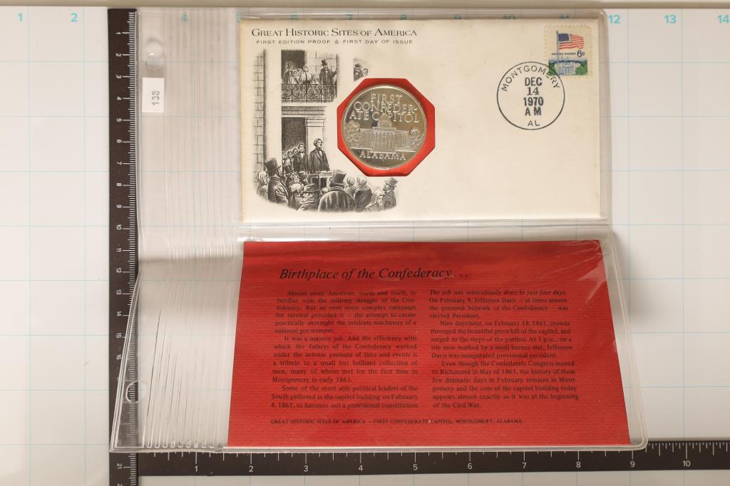 STERLING SILVER PROOF ROUND ON 1970 FDC WITH INFO: FIRST CONFEDERATE CAPITOL, ALABAMA