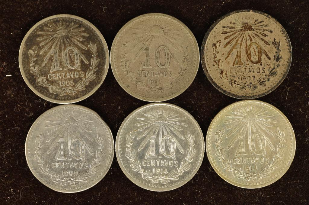 6-MEXICO SILVER 10 CENTAVO CAP & RAYS COINS: (1 of 2)