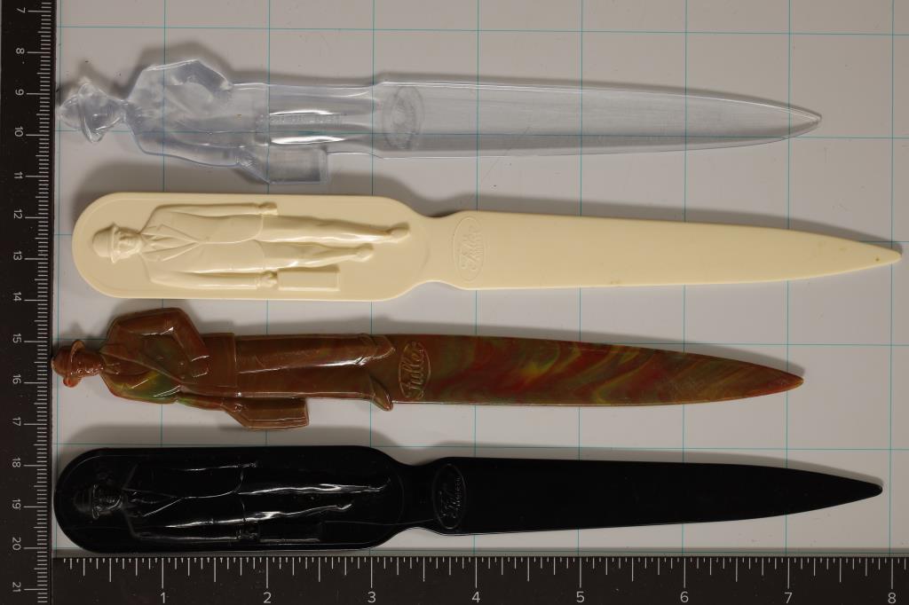 4-FULLER BRUSH LETTER OPENERS MADE OF BAKELITE,: PLASTIC ETC... ALL DIFFERENT COLORS.