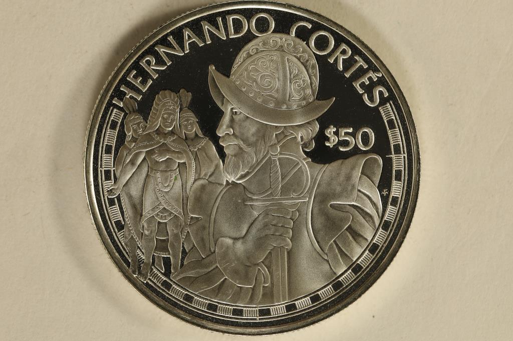 1988 COOK ISLANDS SILVER PF $50 "HERNANDO CORTES": .6187 OZ. ASW