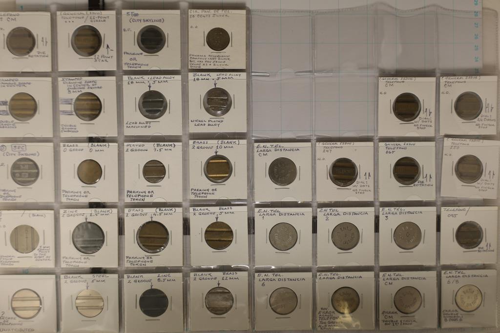 34 VINTAGE METAL FOREIGN TELEPHONE TOKENS:: MOSTLY FROM ARGENTINA, PANAMA, BELGIUM AND THE CARIBBEAN