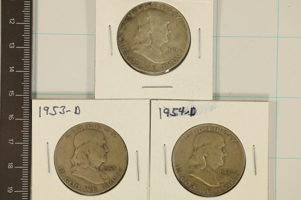 1949-D, 53-D & 1954-D FRANKLIN SILVER HALF DOLLARS (1 of 2)