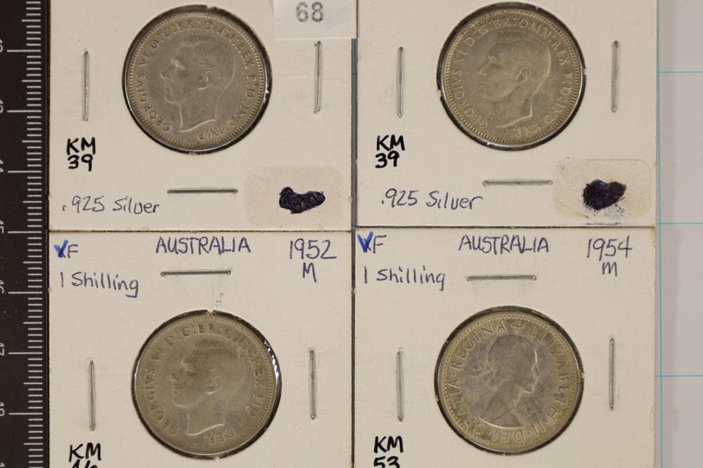 4 AUSTRALIA SILVER SHILLINGS 1942-M, 1943-S, (1 of 2)