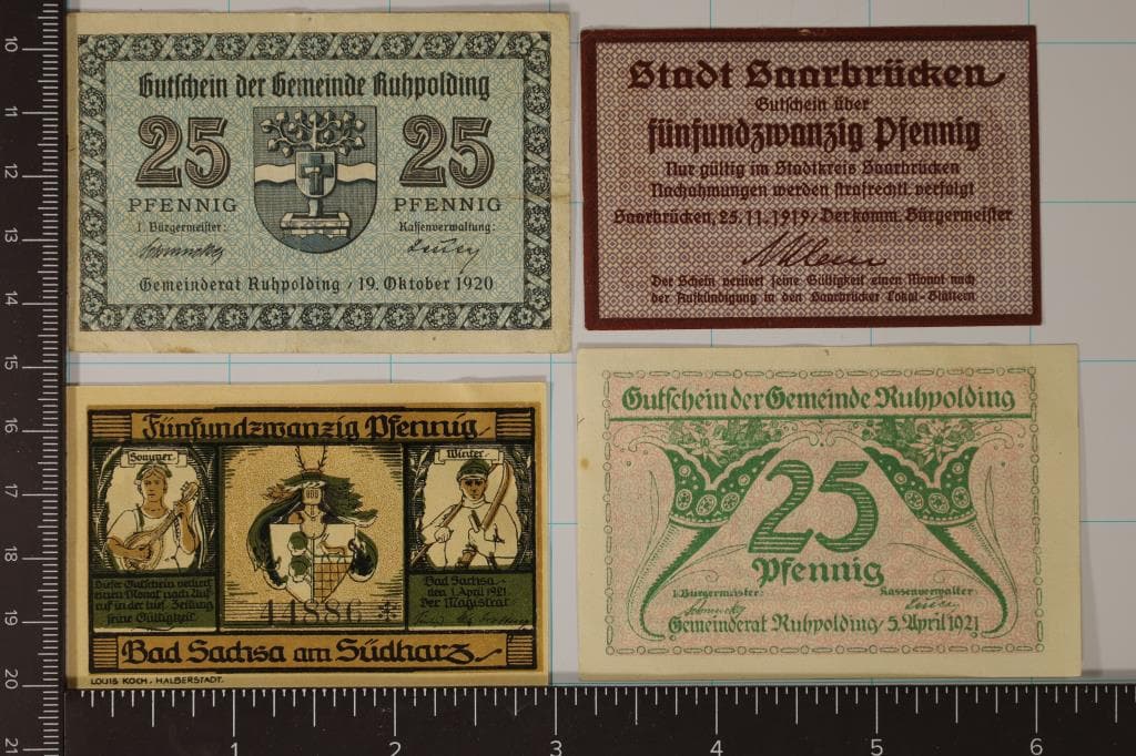 4 GERMAN 25 PFENNIGS NOTGELDS: 1919 (CRISP UNC), (1 of 2)