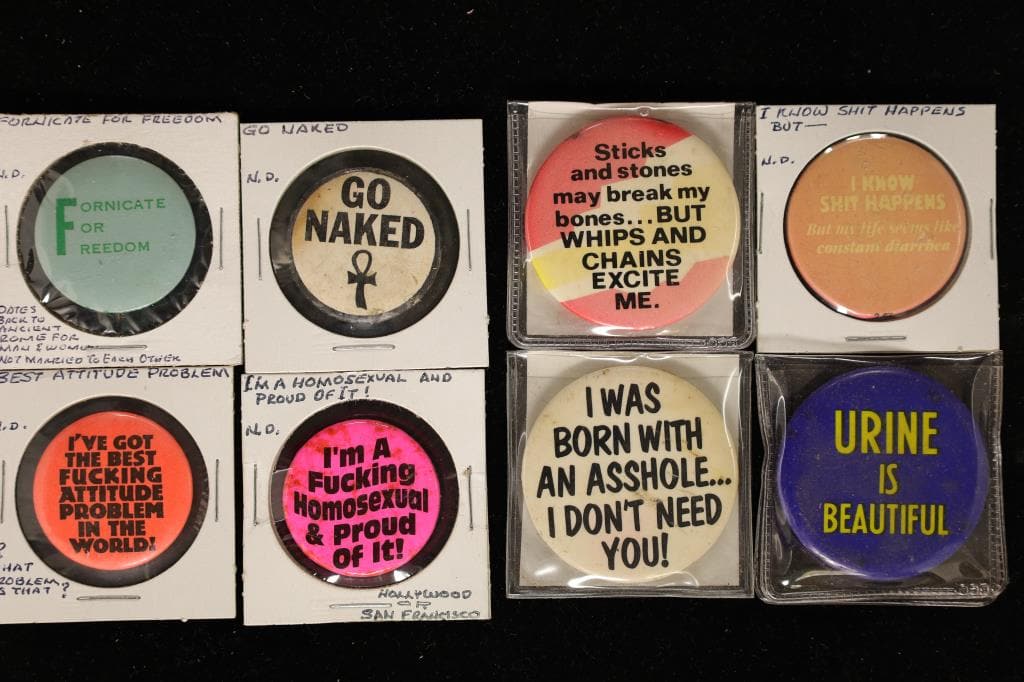 8 ADULT THEMED FUNNY PIN BACK BUTTONS: 4 ARE: MISSING THE PINS