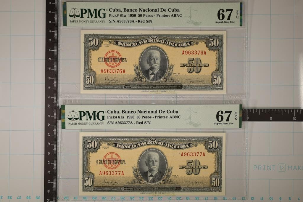 2-1950 BANK OF CUBA 50 PESO BILLS BOTH PMG 67: SUPERB GEM UNC. EXCEPTIONAL PAPER QUALITY AND CONSECUTIVE SERIAL NUMBERS