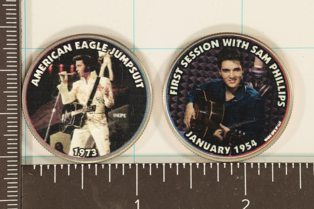 2-COLORIZED ELVIS PRESLEY ON BU KENNEDY HALVES: 1ST SESSION WITH SAM PHILIPS AND "AMERICAN EAGLE JUMP SUIT"