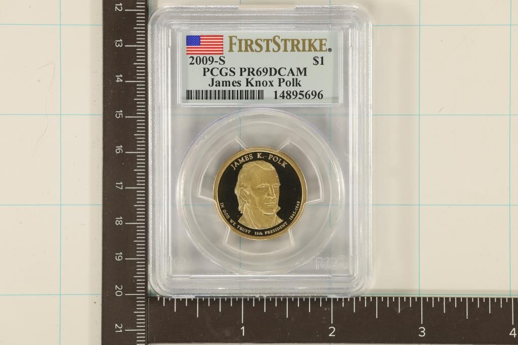2009-S PRESIDENTIAL DOLLAR PCGS PR69 DCAM: FIRST STRIKE, JAMES KNOX POLK