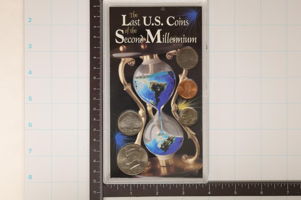LAST US COINS OF THE 2ND MILLENNIUM CONTAINS:: 1999-D LINCOLN CENT, 1999-D JEFFERSON NICKEL, 1999-D ROOSEVELT DIME, 1999-P CONNECTICUT QUARTER AND 1999-P KENNEDY HALF DOLLAR, IN HARD PLASTIC CASE. ALL BRILLIANT UNC