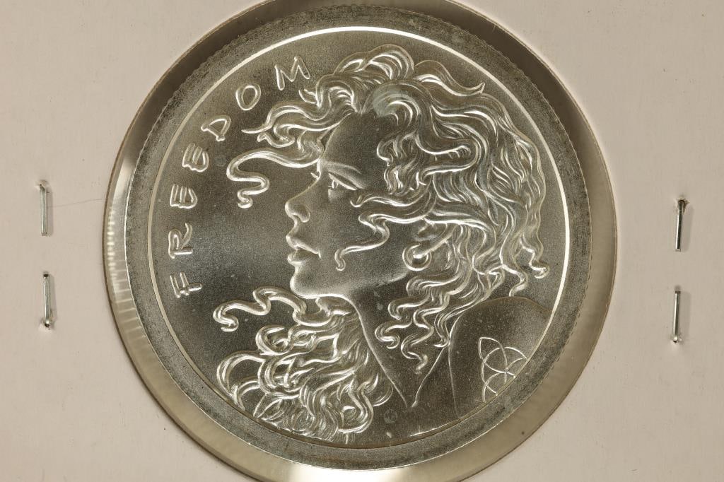 1 TROY OZ .999 FINE SILVER UNC ROUND FREEDOM GIRL: SILVER BULLET SILVER SHIELD, LISTEN TO ALL FOLLOW NONE
