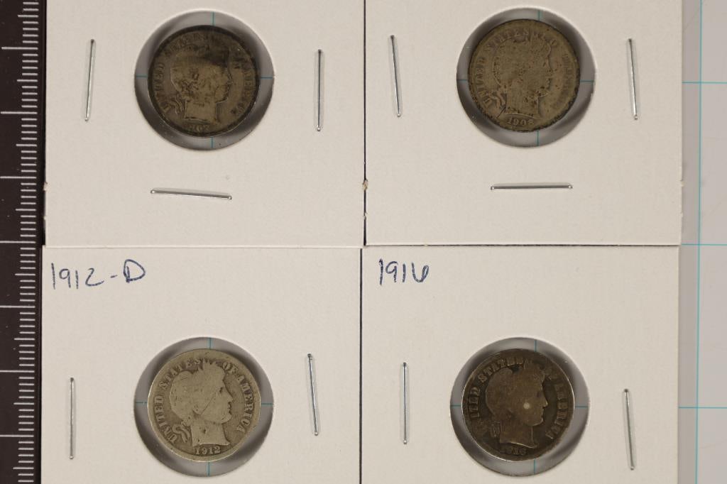 1907, 08, 1912-D & 1916 SILVER BARBER DIMES (1 of 2)