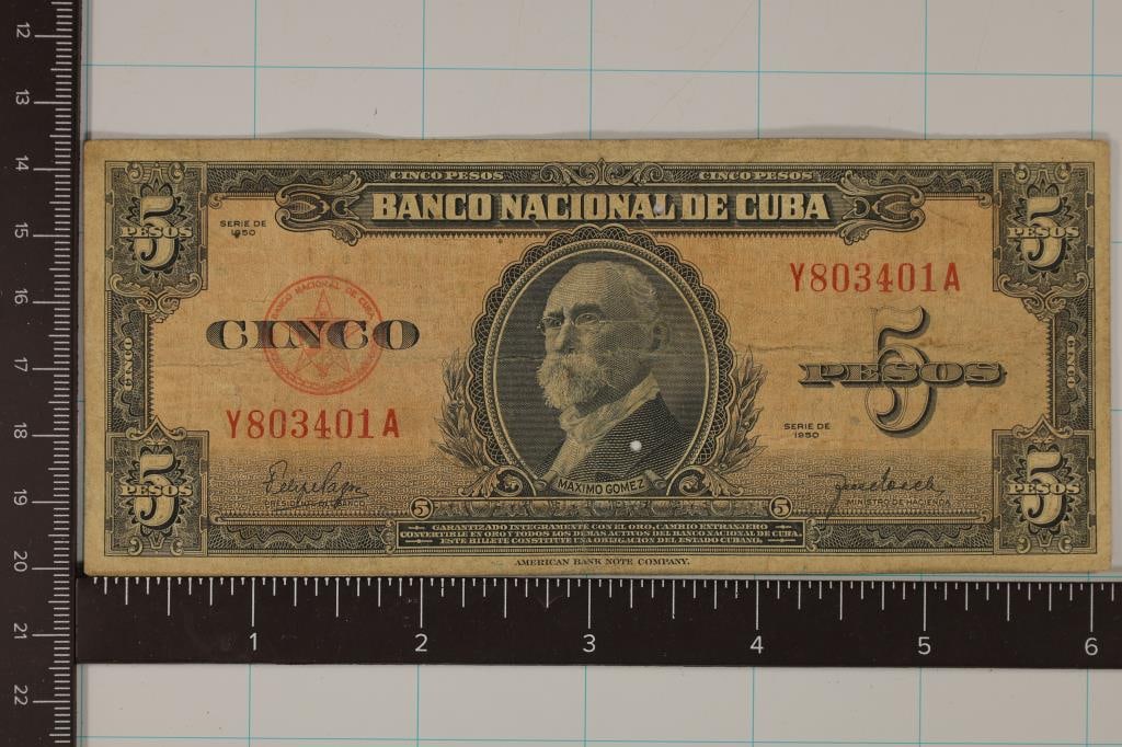 1950 CUBA 5 PESO BILL 2 SMALL HOLES: WATCH FOR OUR NEXT AUCTION ON (MONDAY SEPT. 4TH, 2023) AT 7PM EDT. THANKS FOR YOUR BUSINESS.