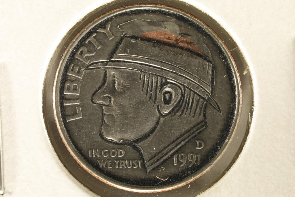 HOBO DIME ON A 1991-D ROOSEVELT DIME BRILLIANT UNC: NEAT PIECE HAND ENGRAVED, USUALLY DO NOT SEE DIMES DONE UP