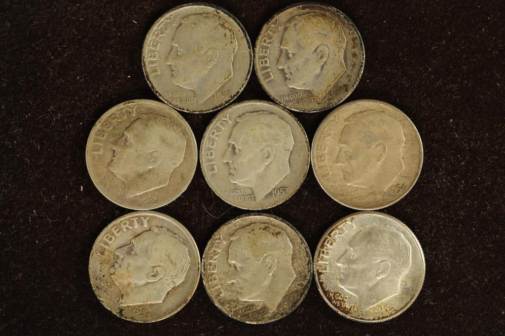 8 SILVER ROOSEVELT DIMES: 1946-1964 (1 of 2)