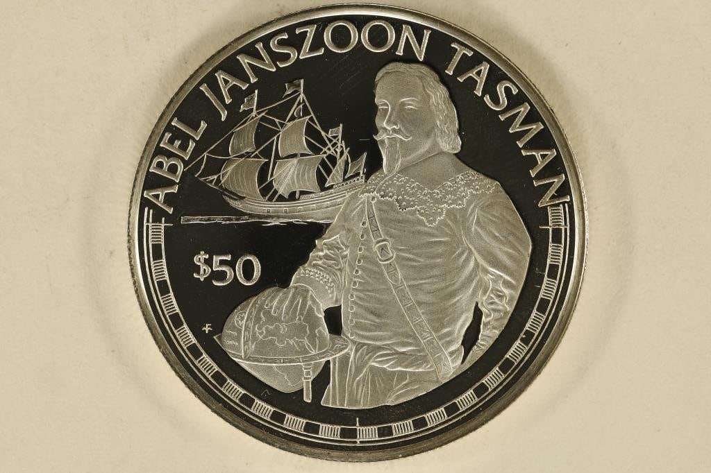 1988 COOK ISLANDS SILVER PF $50 COIN .6187 OZ. ASW: ABEL JANSZOON TASMAN