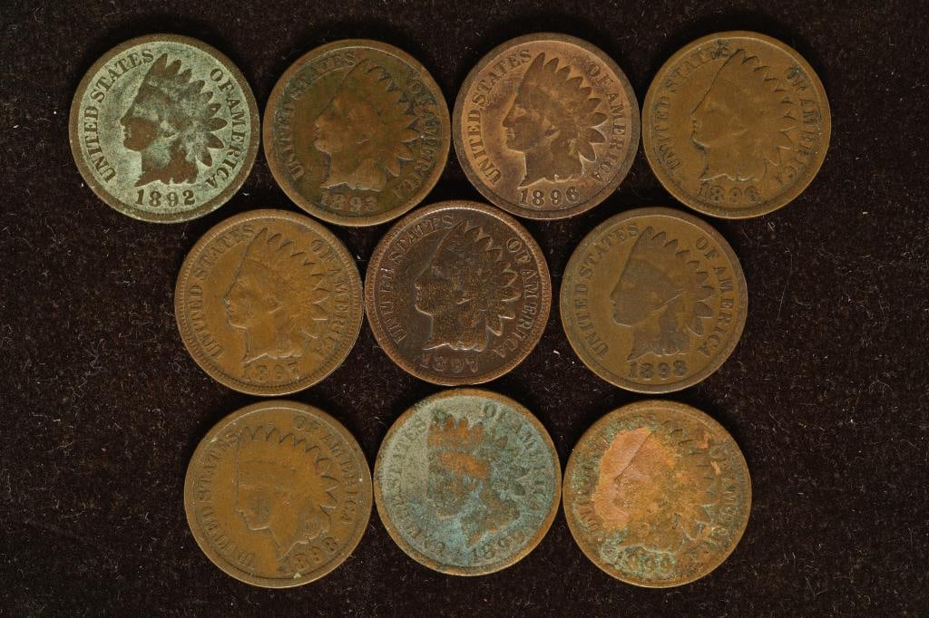 10-ASSORTED INDIAN HEAD CENTS: 1892-1899, (1 of 2)