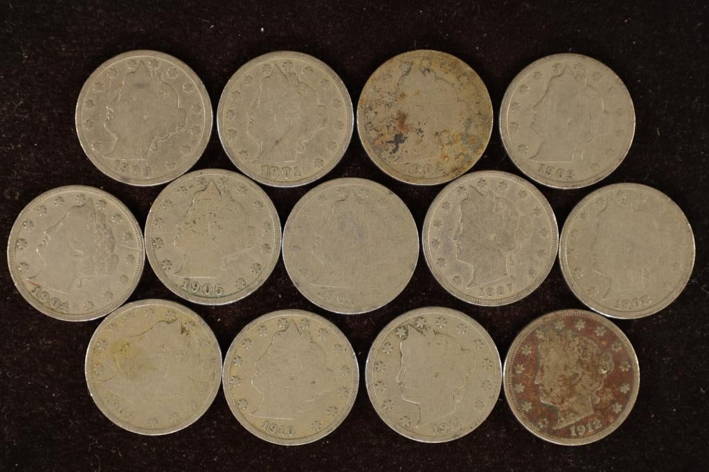 13 LIBERTY "V" NICKELS: 1900-1912 ONE OF EACH YEAR: WATCH FOR OUR NEXT AUCTION ON (MONDAY SEPT. 18TH, 2023) AT 7PM EDT. THANKS FOR YOUR BUSINESS.