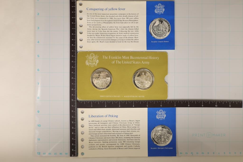 2 STERLING SILVER PF ROUND 1 .4 OZ. ASW TOTAL: HISTORY OF THE UNITED STATES ARMY, AMERICAN INFANTRY MEN LIBERATE PEKING AND WALTER REED DISCOVERS CAUSE OF YELLOW FEVER, IN ORIGINAL FRANKLIN MINT PACKAGING WITH INFO CARDS