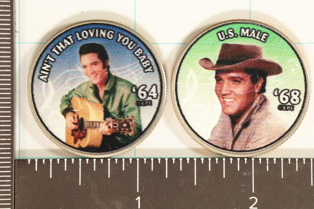 2-COLORIZED ELVIS OVERLAYS ON BU KENNEDY HALVES: AIN'T THAT LOVING YOU BABY AND "U.S. MALE"