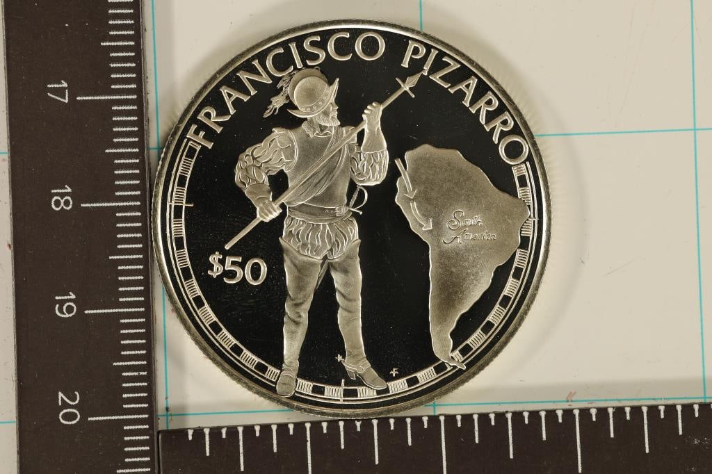1988 COOK ISLAND PF SILVER $50 FRANSICO PIZARRO: .6187 OZ. ASW
