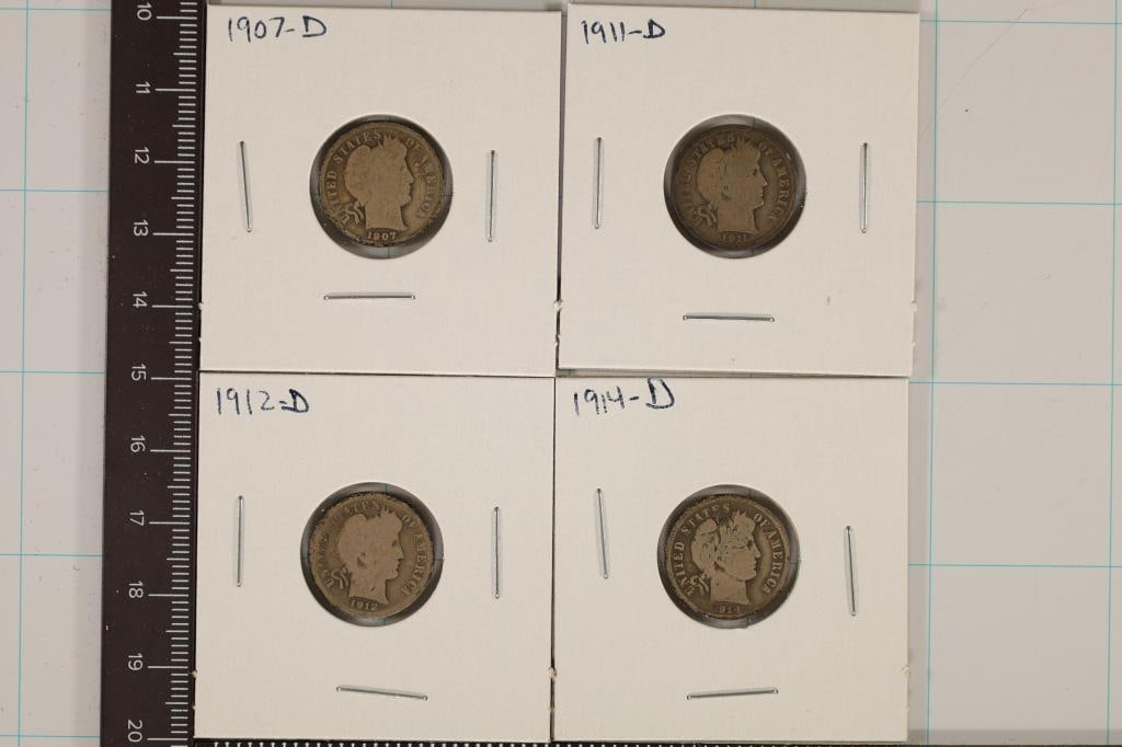 1907-D, 1911-D, 1912-D & 1914 SILVER BARBER DIMES (1 of 2)