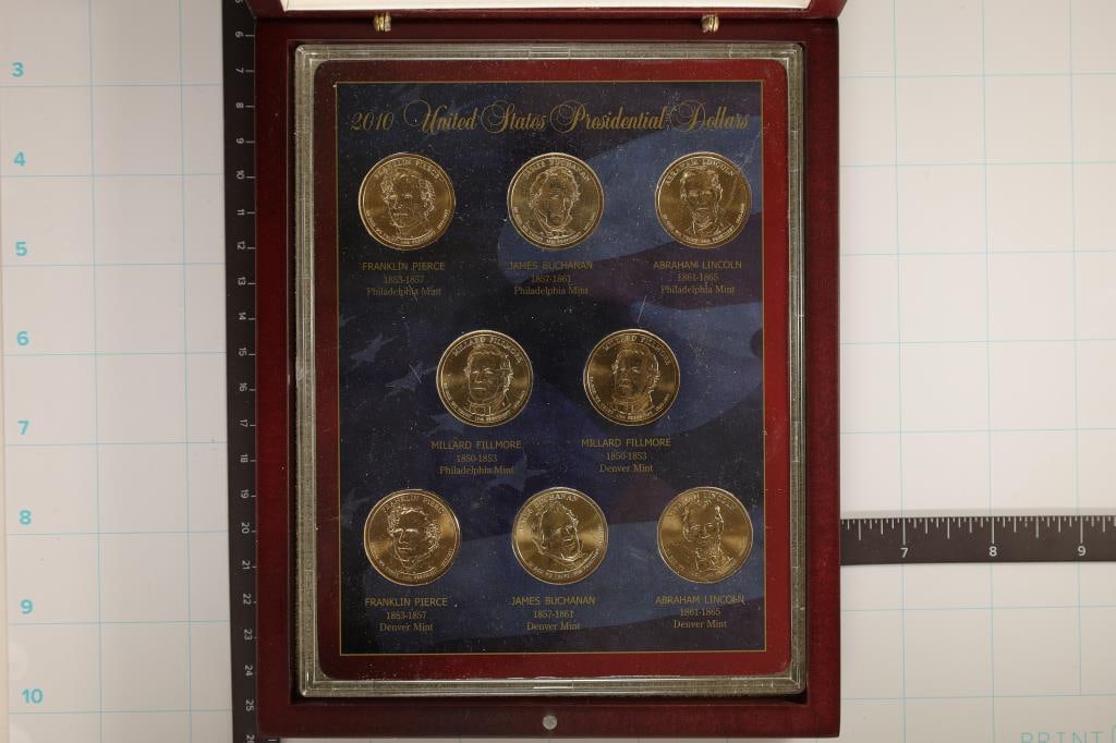 2010-P & D 8 COIN PRESIDENTIAL DOLLAR SET ALL BU: IN NICE DISPLAY BOX BY THE US COMMEMORATIVE GALLERY