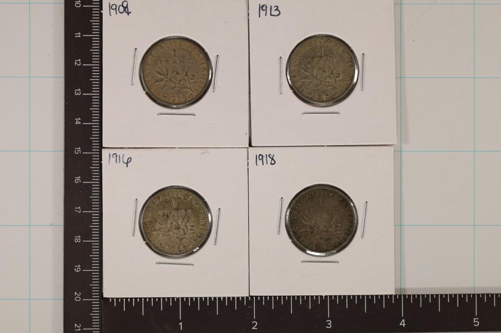 1904, 1913, 16 & 1918 FRANCE SILVER 1 FRANC COINS (1 of 2)