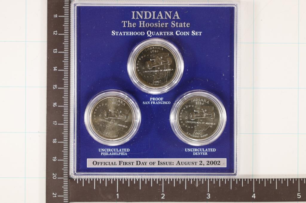 2002-P/D/S INDIANA STATE QUARTER SET 1ST DAY OF: ISSUE IN HARD PLASTIC CASE