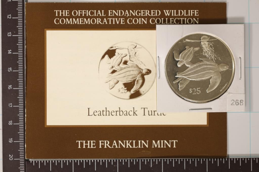 1993 BRITISH VIRGIN ISLANDS $25 STERLING SILVER: PROOF "LEATHERBACK TURTLE" WITH INFO-FRANKLIN MINT