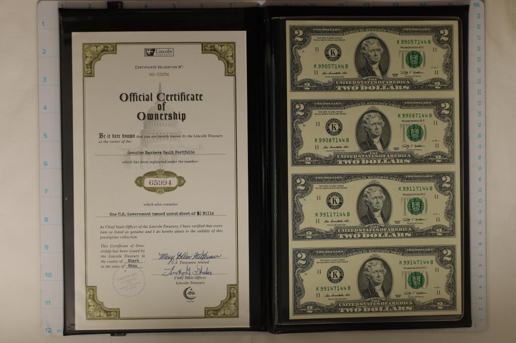UNCUT SHEET OF 4-2009 US $2 NOTES IN BLACK FOLIO (1 of 2)