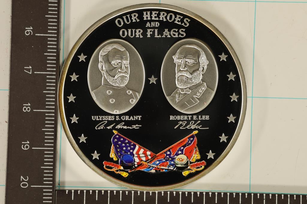 1.88 OZ. SILVER PLATED OUR HEROS AND FLAGS CIVIL: WAR SESQUICENTENNIAL PROOF ROUND BY THE AMERICAN MINT PARTIALLY COLORIZED IN HARD PLASTIC CAPSULE