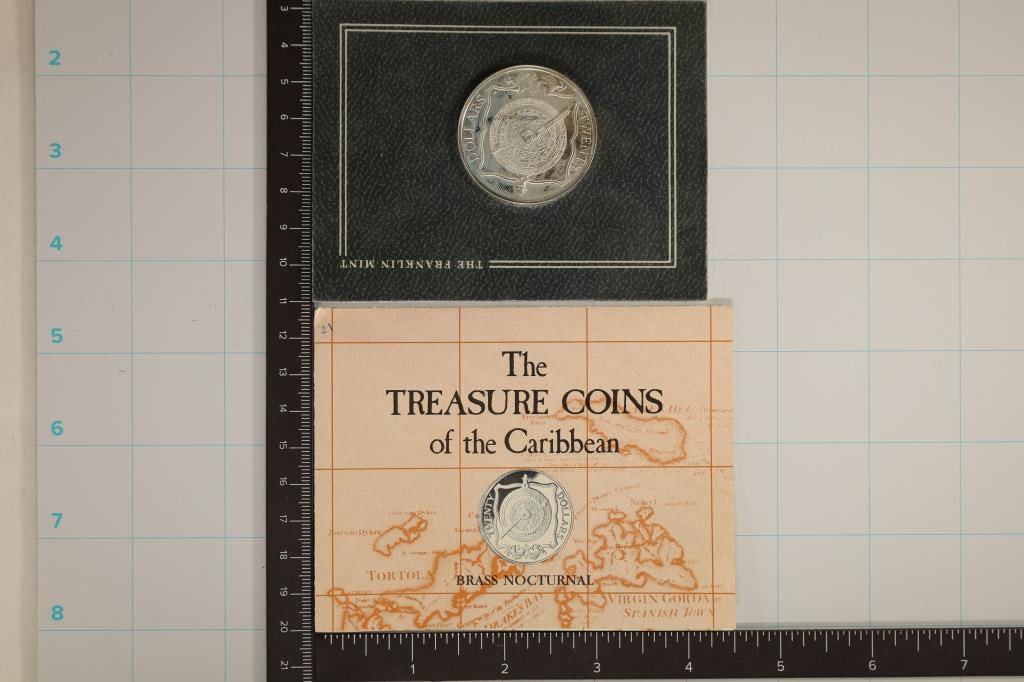 STERLING SILVER $20 PF TREASURE COINS OF THE: CARRIBEAN "BRASS NOCTURNAL" IN ORIGINAL FRANKLIN MINT PACKAGING WITH INFO CARD