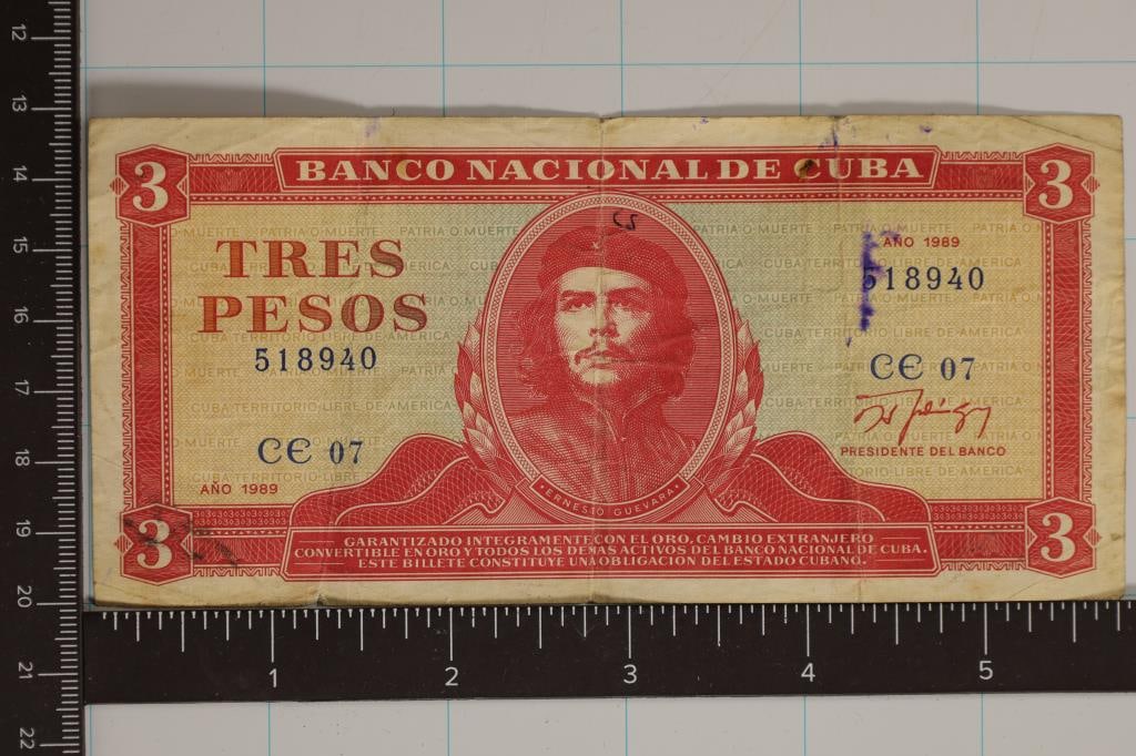 1989 CUBA 3 PESO BILL: WATCH FOR OUR NEXT AUCTION ON (MONDAY SEPT. 25TH, 2023) AT 7PM EDT. THANKS FOR YOUR BUSINESS.
