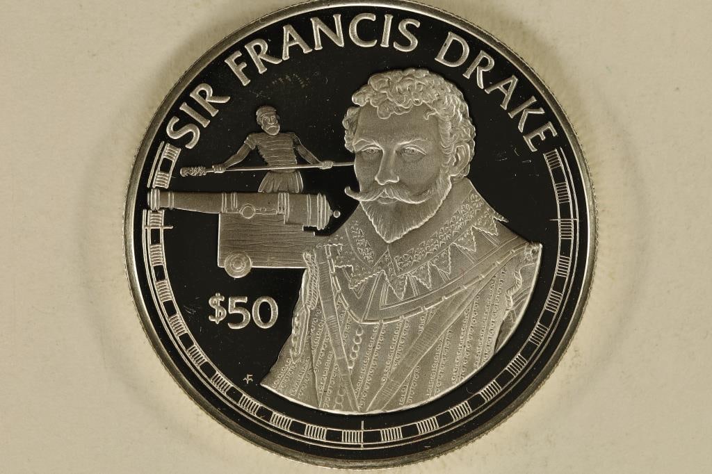 1988 COOK ISLAND SILVER PF $50 COIN .6187 OZ. ASW: SIR FRANCIS DRAKE, MINOR SCRATCHES NOTED