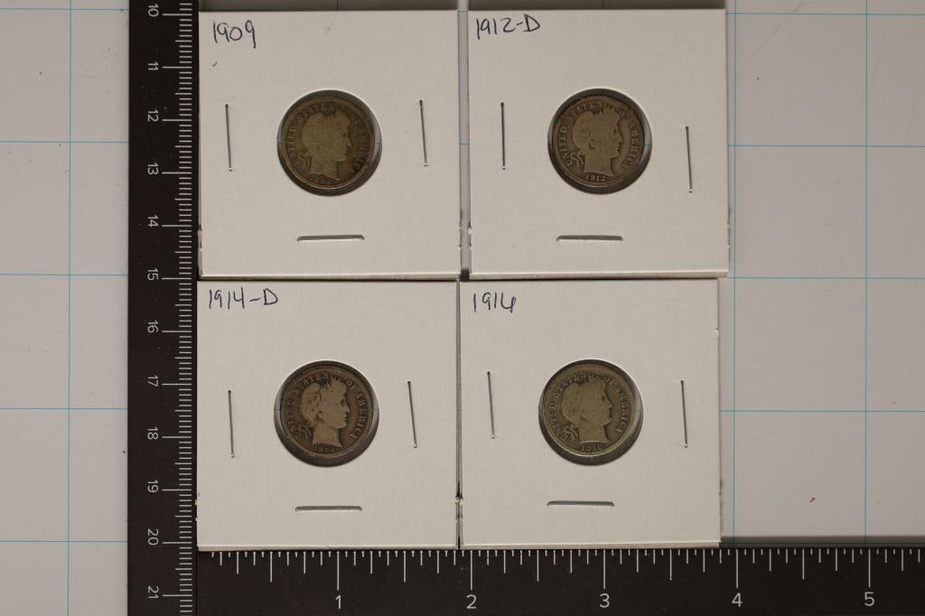 1909, 1912-D, 1914-D & 1916 SILVER BARBER DIMES (1 of 2)