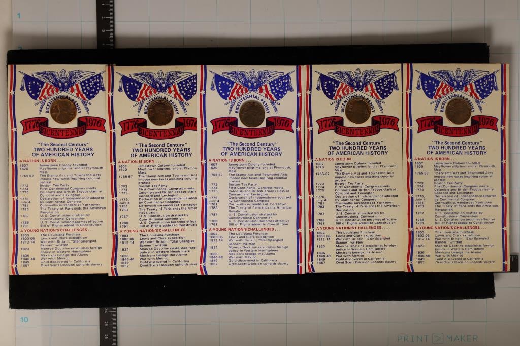 5-1976 BICENTENNIAL LINCOLN CENTS, EACH HAS A: STAMP OF USA ON THE PENNY ON THE RIGHT AND THE LIBERTY BELL ON THE LEFT ALL UNC ON INFO CARDS