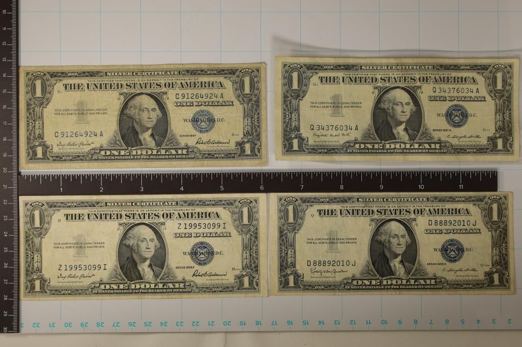 1935-F, 35-H, 57 & 57-A US $1 SILVER CERTIFICATES: SOME IN BETTER SHAPE, ONE IS SEALED IN PLASTIC
