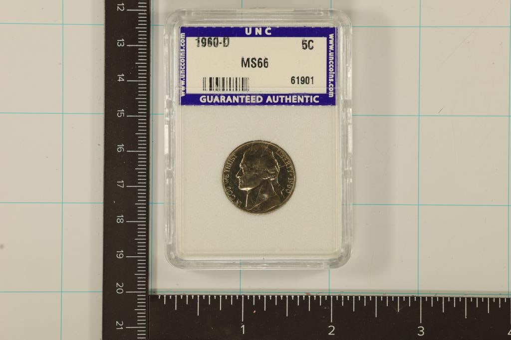 SLABBED 1960-D JEFFERSON NICKEL MS66: WATCH FOR OUR NEXT AUCTION ON (MONDAY OCT. 2ND, 2023) AT 7PM EDT. THANKS FOR YOUR BUSINESS.