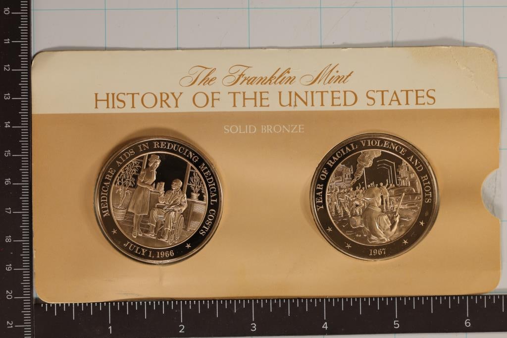 2-HISTORY OF UNITED STATES 1 1/2'' BRONZE MEDALS: MEDICARE AIDS IN REDUCING MEDICAL COSTS AND YEAR OF RACIAL VIOLENCE AND RIOTS BY THE FRANKLIN MINT