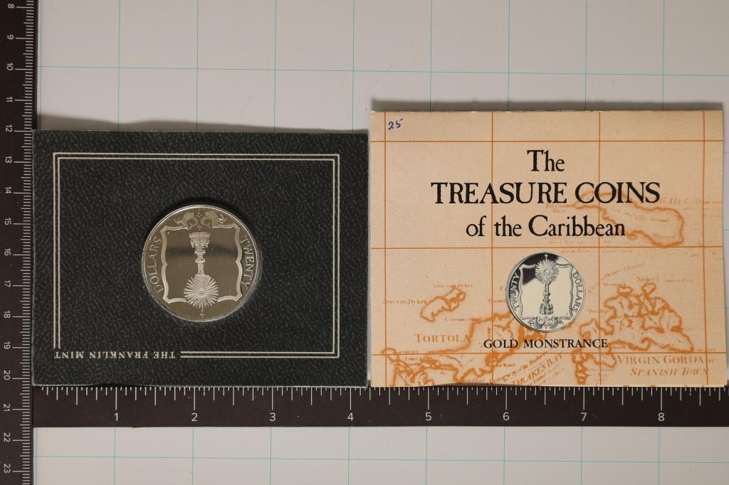 STERLING SILVER PROOF $20 TREASURE COINS OF THE: CARIBBEAN "GOLD MONSTRANCE" IN ORIGINAL FRANKLIN MINT PACKAGING WITH INFO CARD