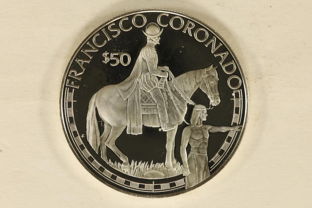 1988 COOK ISLAND SILVER PF $50 FRANCISCO CORONADO: .6187 OZ. ASW