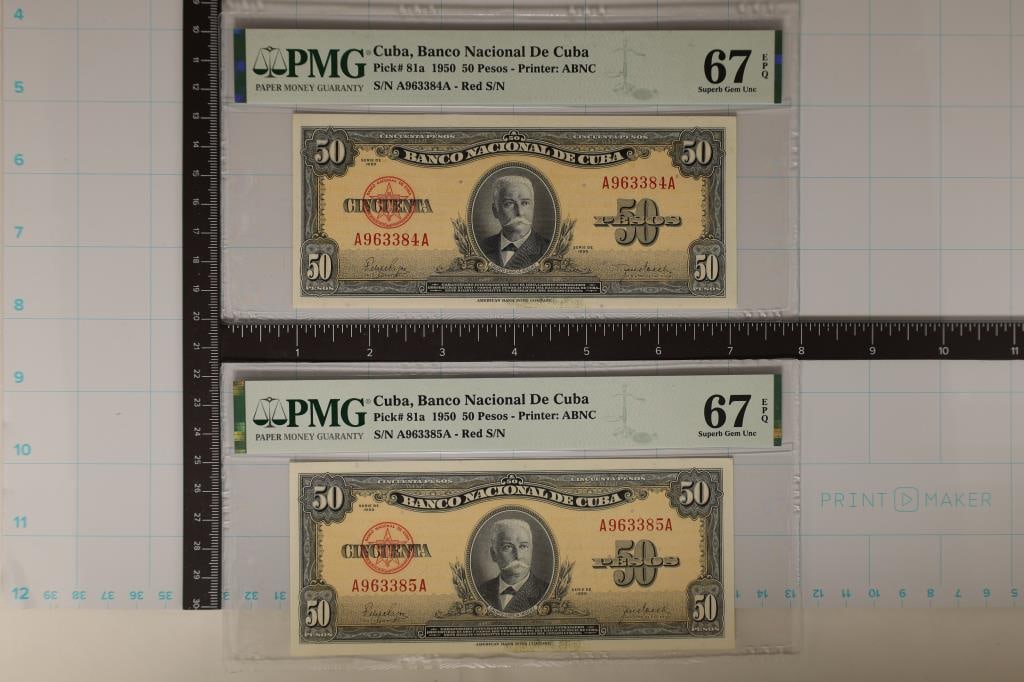2-1950 CUBA 50 PESOS BOTH PMG 67 SUPERB GEM UNC: EXCEPTIONAL PAPER QUALITY WITH WITH CONSECUTIVE SERIAL NUMBERS