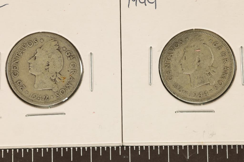 1942 & 1944 DOMINICAN REPUBLIC SILVER 25 CENTAVOS: .3616 OZ. ASW TOTAL