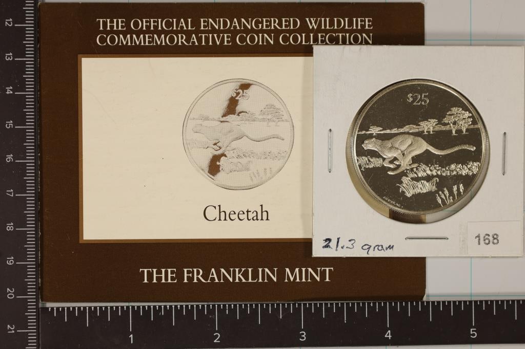 1993 BRITISH VIRGIN ISLANDS $25 STERLING PROOF: CHEETAH BY THE FRANKLIN MINT WITH INFO